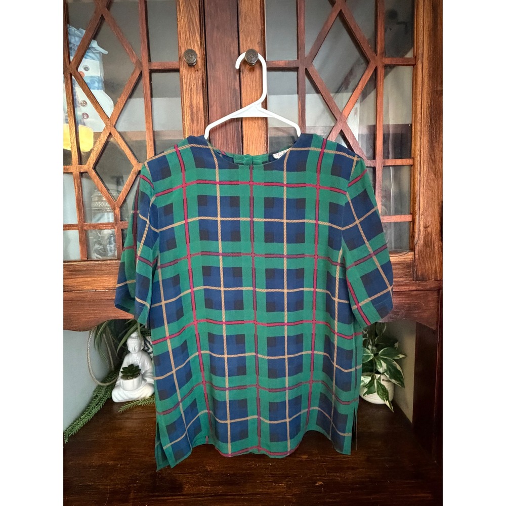 Talbots Womens Green Blue Plaid 100% Silk Short Sleeve Blouse Top Size 4 RN76971